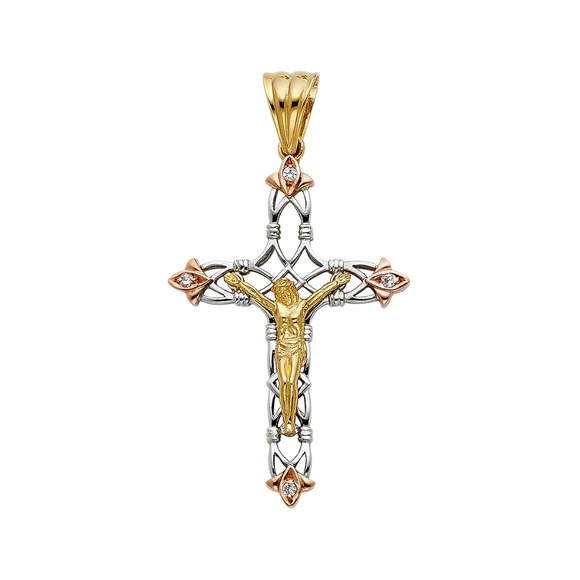14K Tri Color CZ Religious Crucifix Pendant